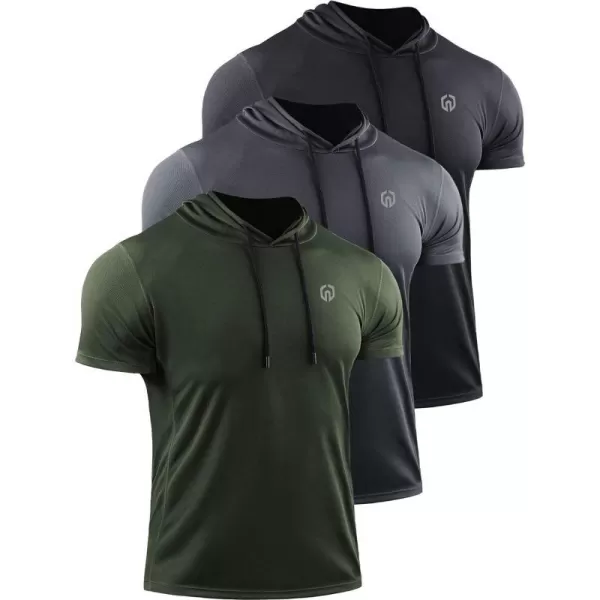 NELEUS Mens 3 Pack Running Shirt Mesh Workout Athletic Shirts with Hoods5084 BlackGreyOlive Green3 Pack