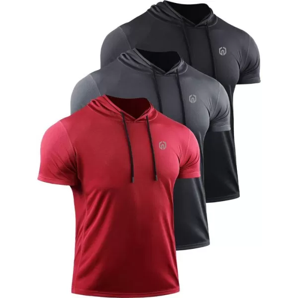 NELEUS Mens 3 Pack Running Shirt Mesh Workout Athletic Shirts with Hoods5084 BlackGreyRed3 Pack