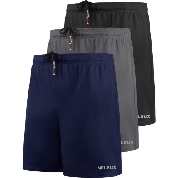 NELEUS Mens 7 inch Lightweight Workout Running Shorts with Pockets6058 3 Pack Blackgreynavy Blue