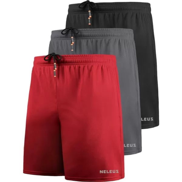 NELEUS Mens 7 inch Lightweight Workout Running Shorts with Pockets6058 3 Pack Blackgreyred