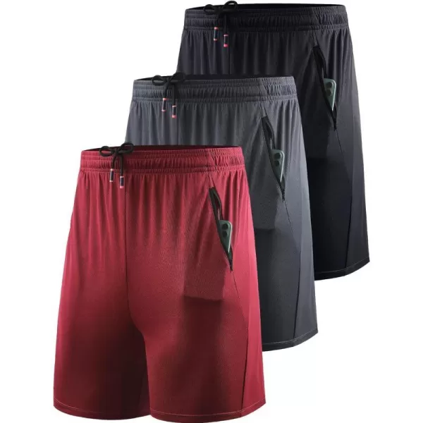 NELEUS Mens 7 inch Lightweight Workout Running Shorts with Pockets6083 3 PackblackGreyRed