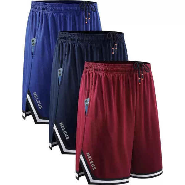 NELEUS Mens 7 inch Lightweight Workout Running Shorts with Pockets6085 3 PackblueRedNavy