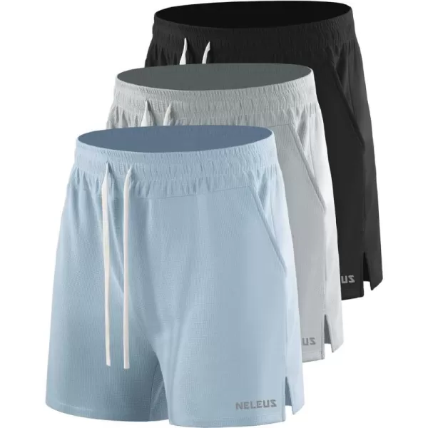 NELEUS Mens 7 inch Running Shorts Athletic Gym Workout Shorts with Pockets6112 BlackLight GreyLight Blue