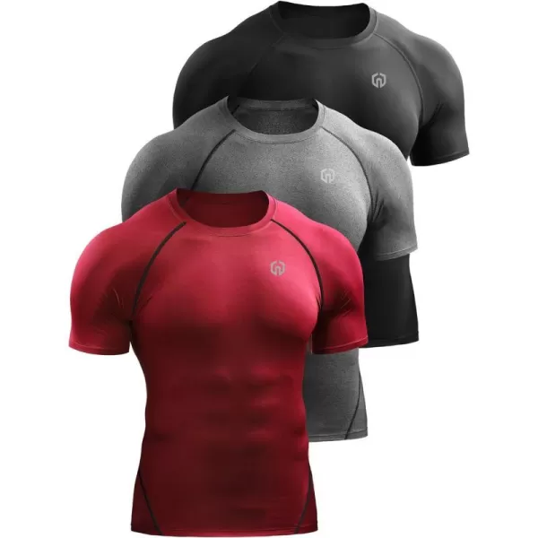 NELEUS Mens Compression Baselayer Athletic Workout T Shirts5022 BlackGreyRed