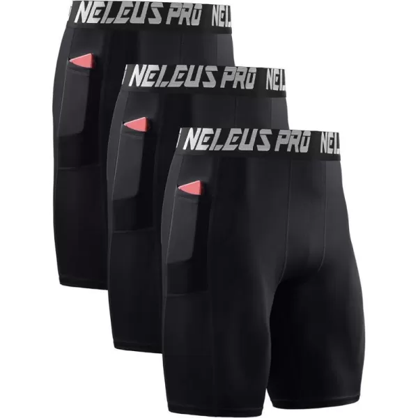 NELEUS Mens Compression Short with Pocket Dry Fit Yoga Running Shorts Pack of 36063 BlackBlackBlack 3 Pack