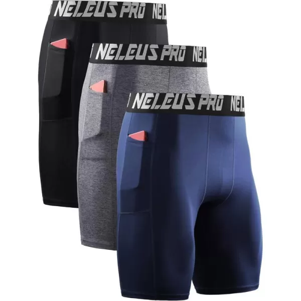 NELEUS Mens Compression Short with Pocket Dry Fit Yoga Running Shorts Pack of 36063 BlackGreyNavy Blue 3 Pack