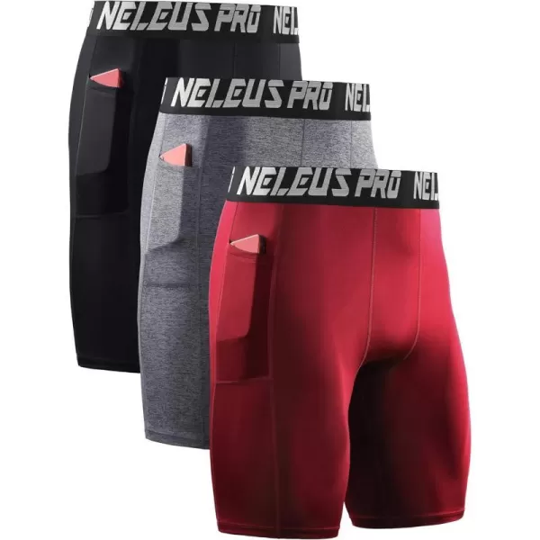 NELEUS Mens Compression Short with Pocket Dry Fit Yoga Running Shorts Pack of 36063 BlackGreyRed3 Pack