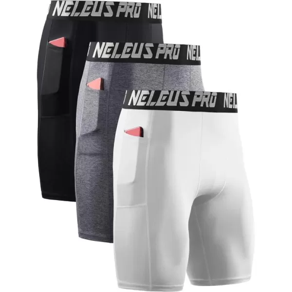 NELEUS Mens Compression Short with Pocket Dry Fit Yoga Running Shorts Pack of 36063 BlackGreyWhite 3 Pack