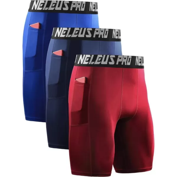 NELEUS Mens Compression Short with Pocket Dry Fit Yoga Running Shorts Pack of 36063 BlueNavyRed 3 Pack