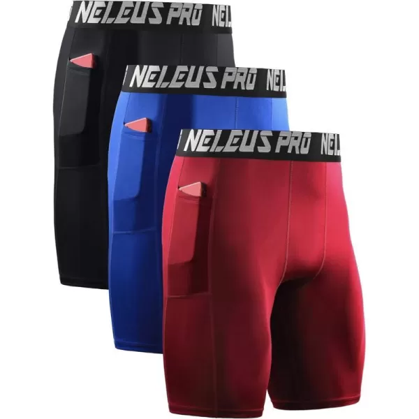 NELEUS Mens Compression Short with Pocket Dry Fit Yoga Running Shorts Pack of 36063 RedBlueBlack 3 Pack