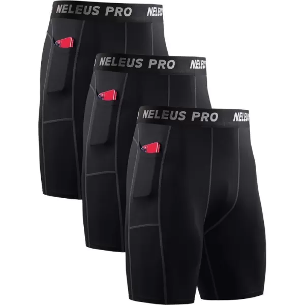 NELEUS Mens Compression Short with Pocket Dry Fit Yoga Running Shorts Pack of 36081 BlackBlackBlack 3 Pack