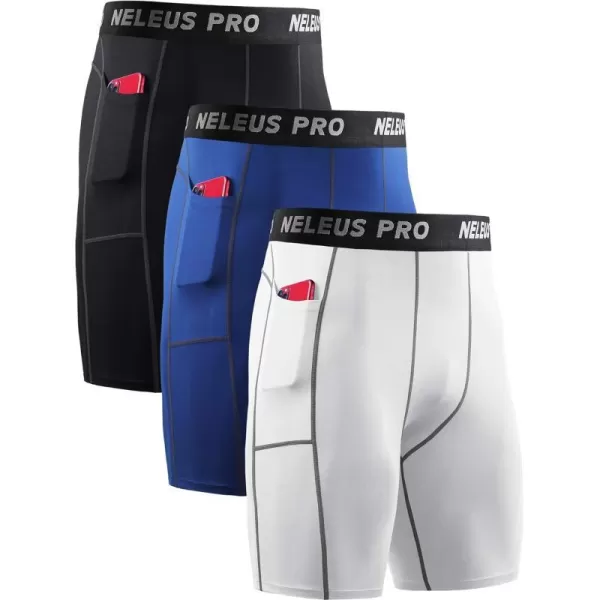 NELEUS Mens Compression Short with Pocket Dry Fit Yoga Running Shorts Pack of 36081 BlackBlueWhite 3 Pack