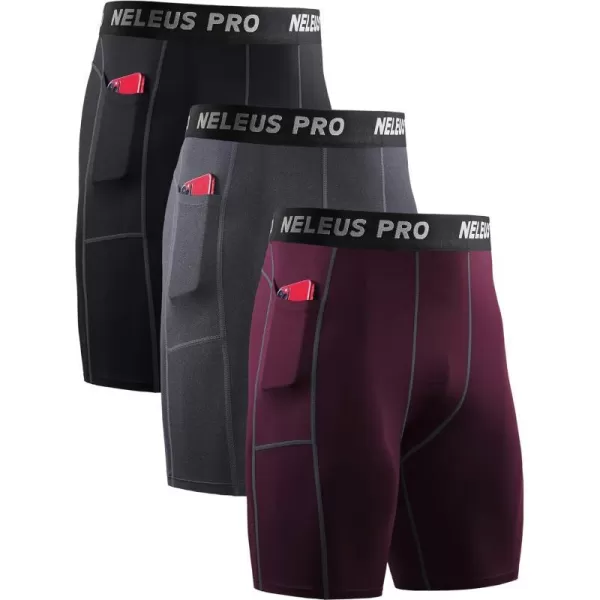 NELEUS Mens Compression Short with Pocket Dry Fit Yoga Running Shorts Pack of 36081 BlackGreyRed3 Pack