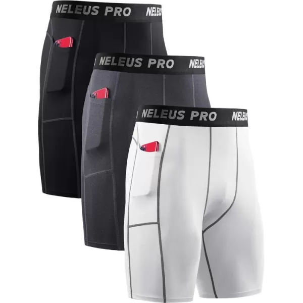 NELEUS Mens Compression Short with Pocket Dry Fit Yoga Running Shorts Pack of 36081 BlackGreyWhite 3 Pack