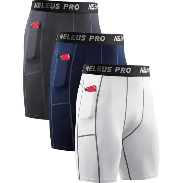 NELEUS Mens Compression Short with Pocket Dry Fit Yoga Running Shorts Pack of 36081 GreyWhiteNavy Blue 3 Pack