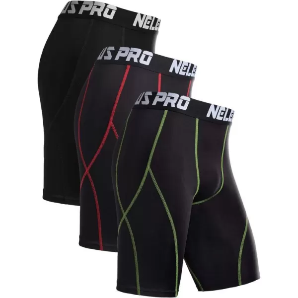 NELEUS Mens Compression Shorts Pack of 36012 BlackRed StripeGreen Stripe3 Pack