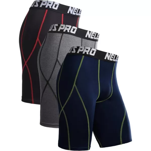 NELEUS Mens Compression Shorts Pack of 36012 Blackred StripeGreyNavy Blue3 Pack