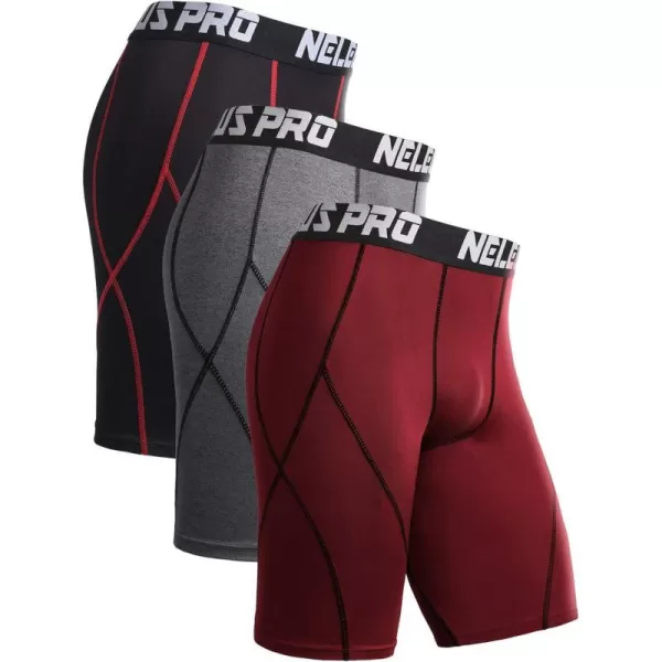 NELEUS Mens Compression Shorts Pack of 36012 Blackred StripeGreyRed3 Pack