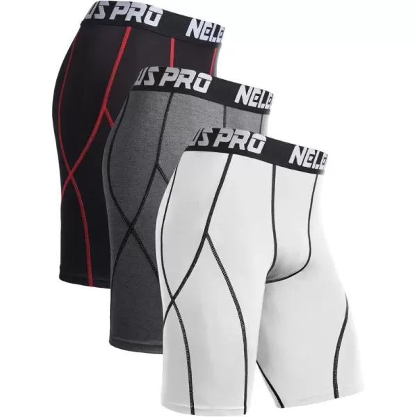 NELEUS Mens Compression Shorts Pack of 36012 GreyBlackred StripeWhite3 Pack