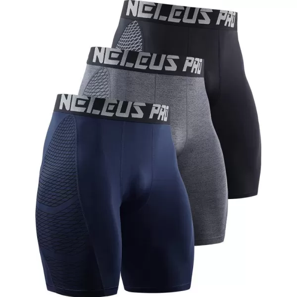 NELEUS Mens Compression Shorts Pack of 36086 BlackGreyNavy Blue3 Pack