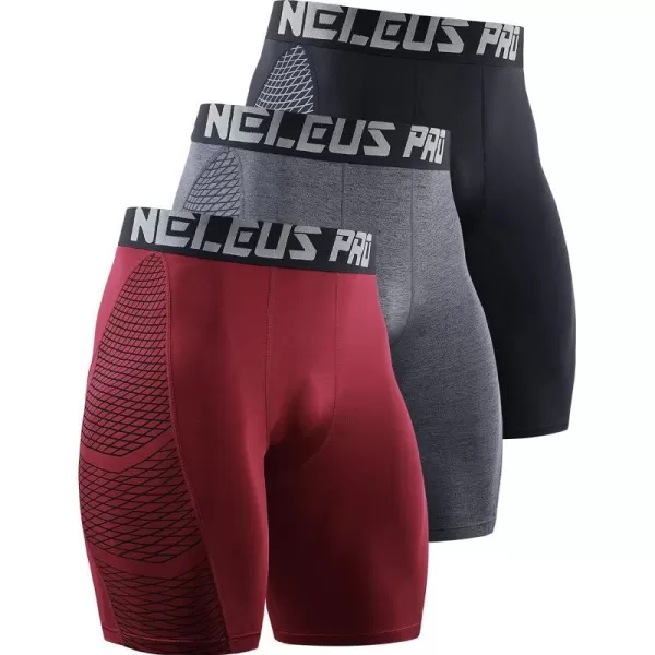 NELEUS Mens Compression Shorts Pack of 36086 BlackGreyRed3 Pack