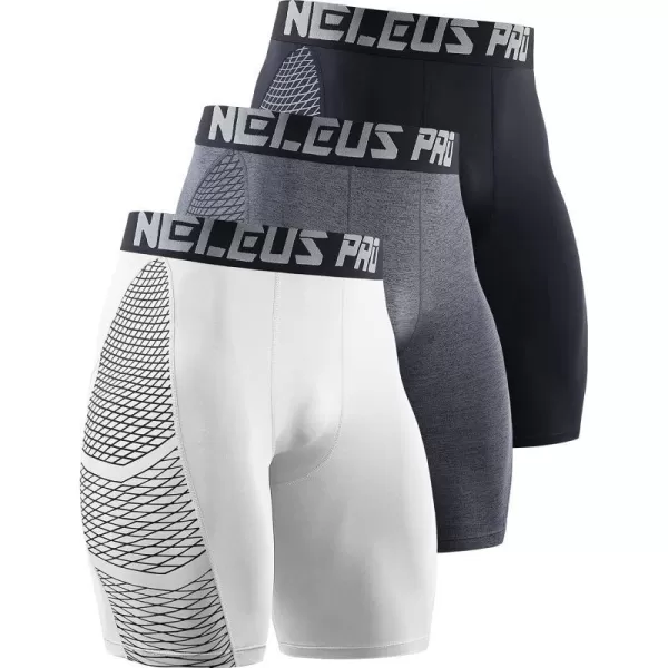 NELEUS Mens Compression Shorts Pack of 36086 BlackGreyWhite3 Pack