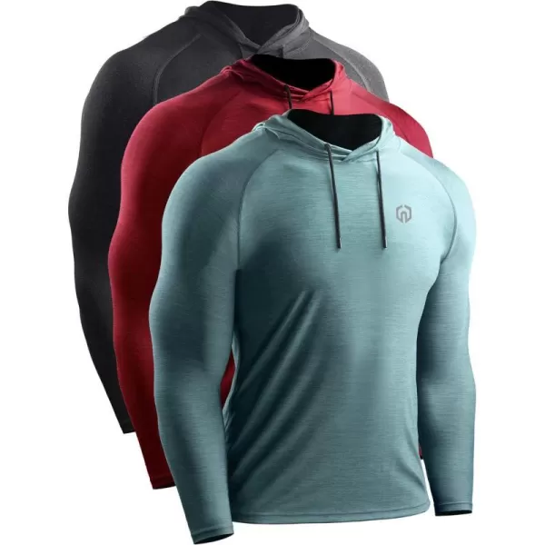 NELEUS Mens Dry Fit Athletic Workout Running Shirts Long Sleeve with Hoods5071 Dark GreyRedLight Green3 Pack