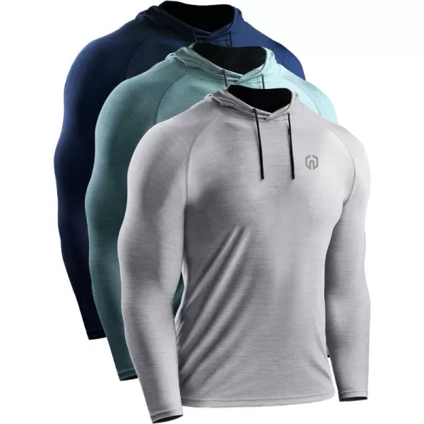 NELEUS Mens Dry Fit Athletic Workout Running Shirts Long Sleeve with Hoods5071 NavyLight GreyLight Green3 Pack