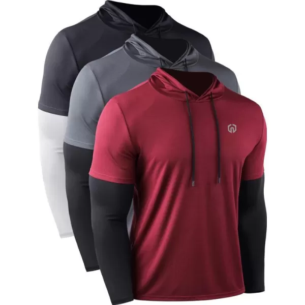 NELEUS Mens Dry Fit Athletic Workout Running Shirts Long Sleeve with Hoods5124 BlackGreyRed3 Pack