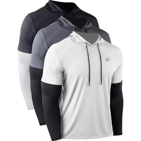 NELEUS Mens Dry Fit Athletic Workout Running Shirts Long Sleeve with Hoods5124 BlackGreyWhite3 Pack