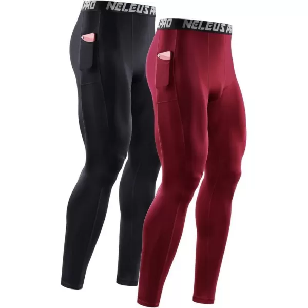 NELEUS Mens Dry Fit Compression Baselayer Pants Running Tights Leggings with Phone Pocket6069 BlackRed2 Pack