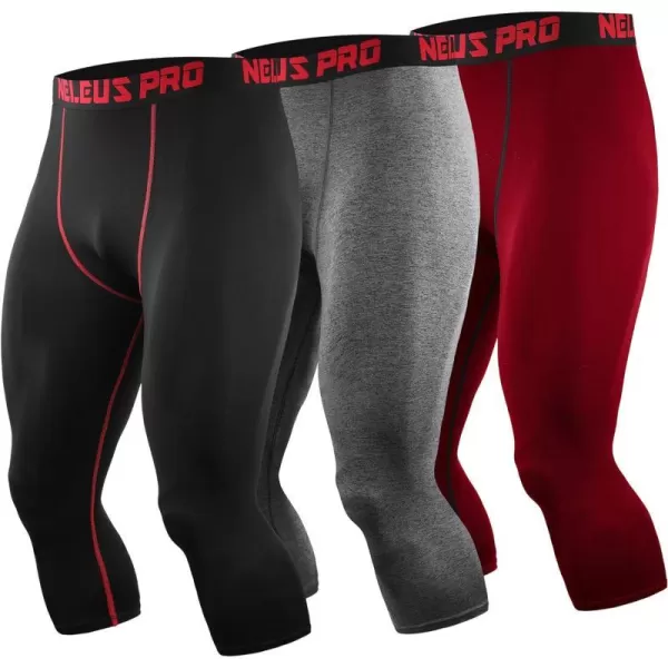 NELEUS Mens Dry Fit Compression Pants Workout Running LeggingsCapris Black Red StripeGreyRed3 Pack