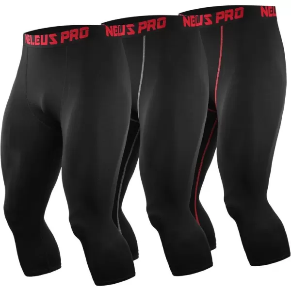 NELEUS Mens Dry Fit Compression Pants Workout Running LeggingsCapris BlackRed StripeGrey Stripe3 Pack