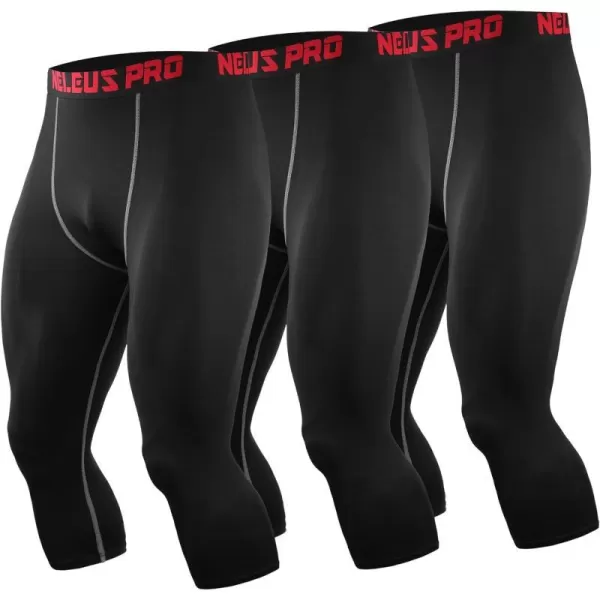 NELEUS Mens Dry Fit Compression Pants Workout Running LeggingsCapris Blackgrey Stripe3 Pack