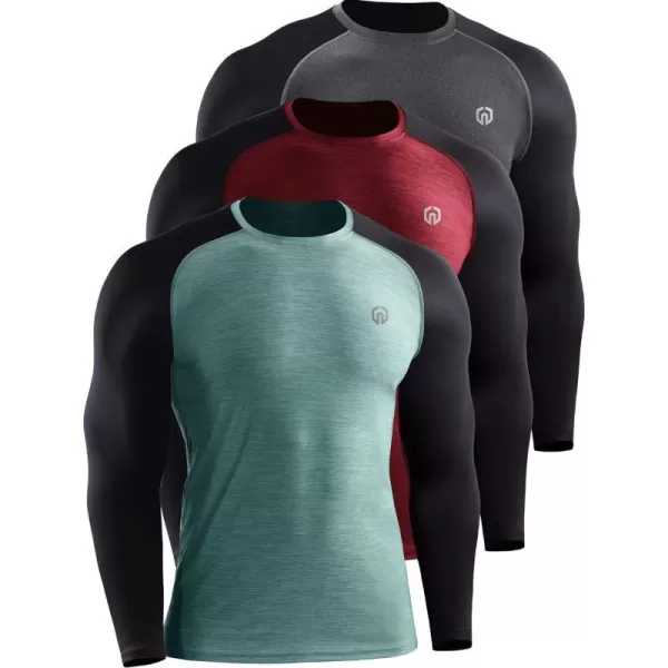 NELEUS Mens Dry Fit Long Sleeve Athletic Running Shirts5073 Dark GreyLight GreenRed3 Pack