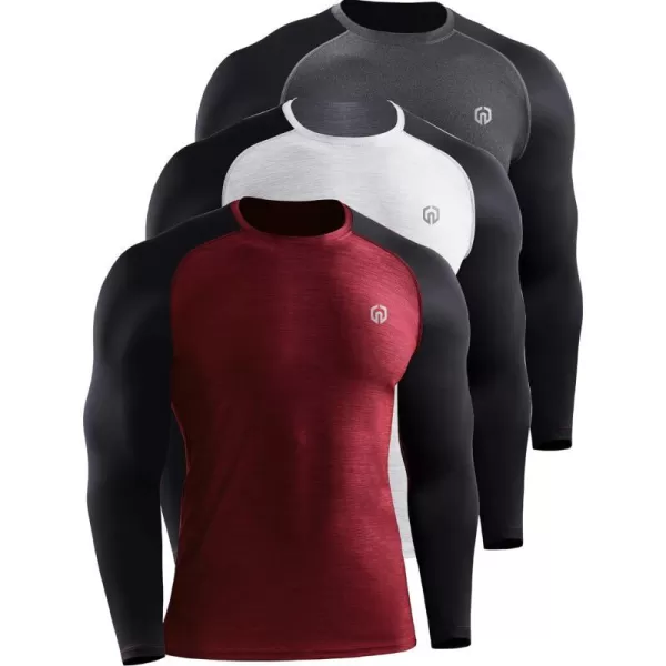 NELEUS Mens Dry Fit Long Sleeve Athletic Running Shirts5073 Dark GreyRedLight Grey3 Pack