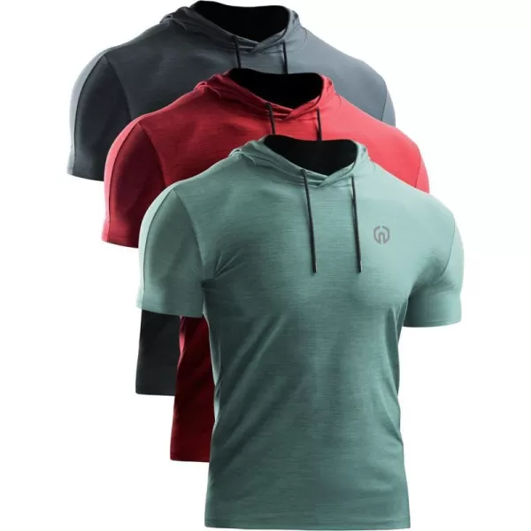 NELEUS Mens Dry Fit Performance Athletic Shirt with Hoods5063 3 Pack slate GrayRedLight Green