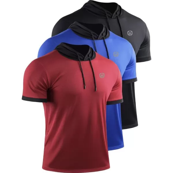 NELEUS Mens Dry Fit Performance Athletic Shirt with Hoods5112 BlackBlueRed 3 Pack