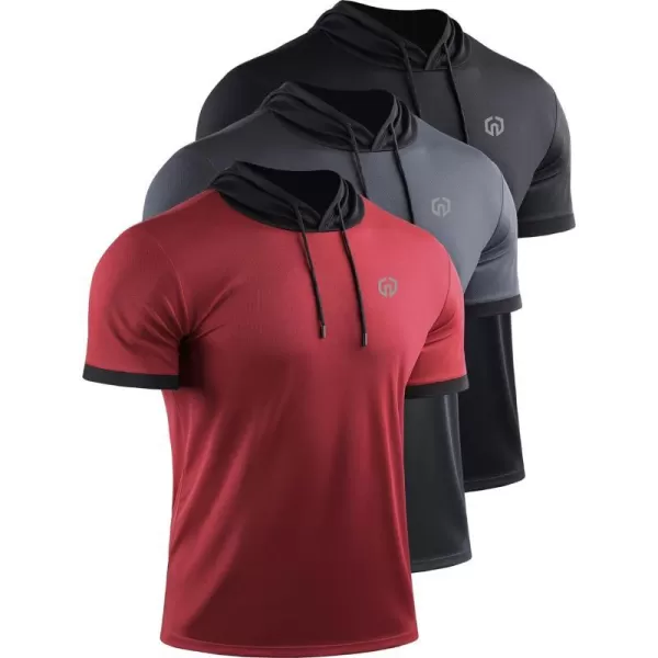 NELEUS Mens Dry Fit Performance Athletic Shirt with Hoods5112 BlackGreyRed3 Pack