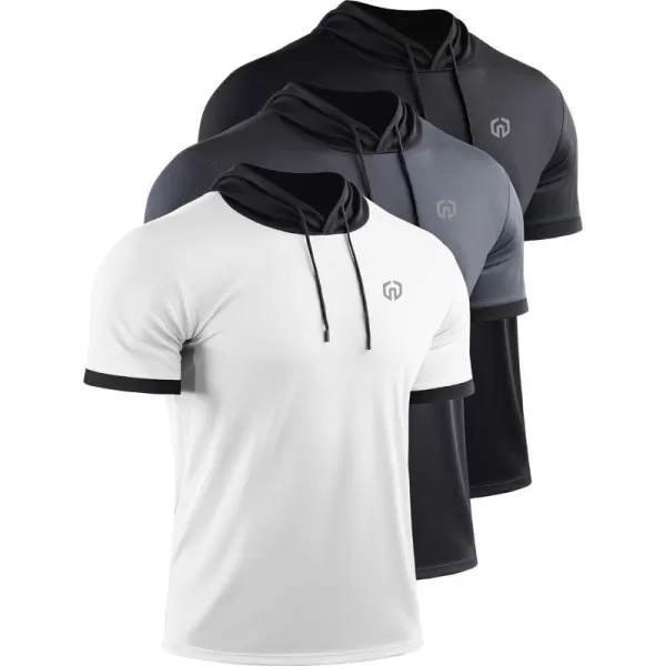 NELEUS Mens Dry Fit Performance Athletic Shirt with Hoods5112 BlackGreyWhite 3 Pack