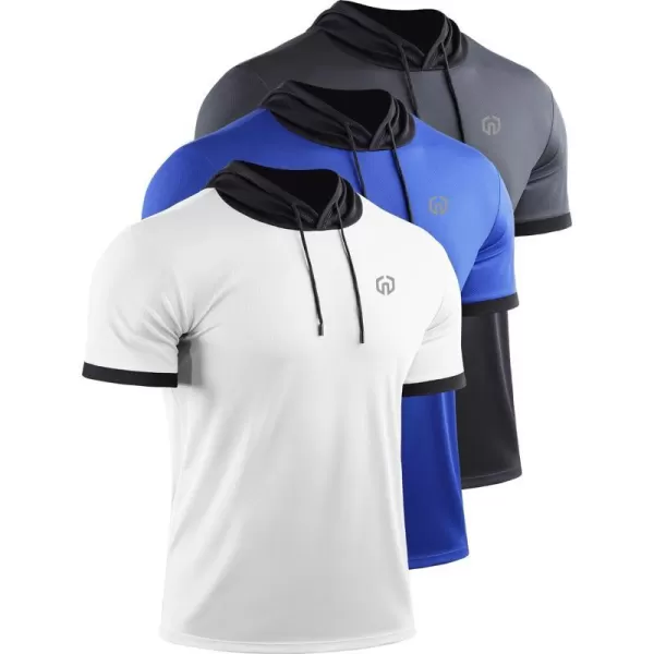 NELEUS Mens Dry Fit Performance Athletic Shirt with Hoods5112 WhiteGreyBlue 3 Pack