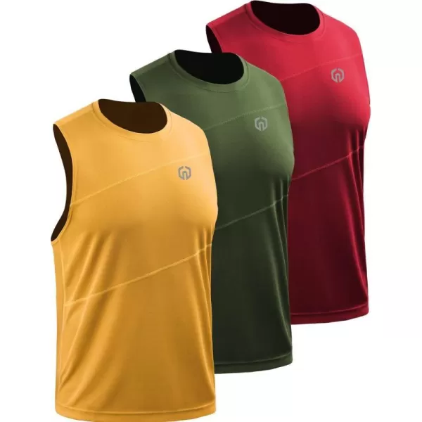 NELEUS Mens Dry Fit Workout Running Muscle Tank Top5054 Olive GreenRedYellow3 Pack