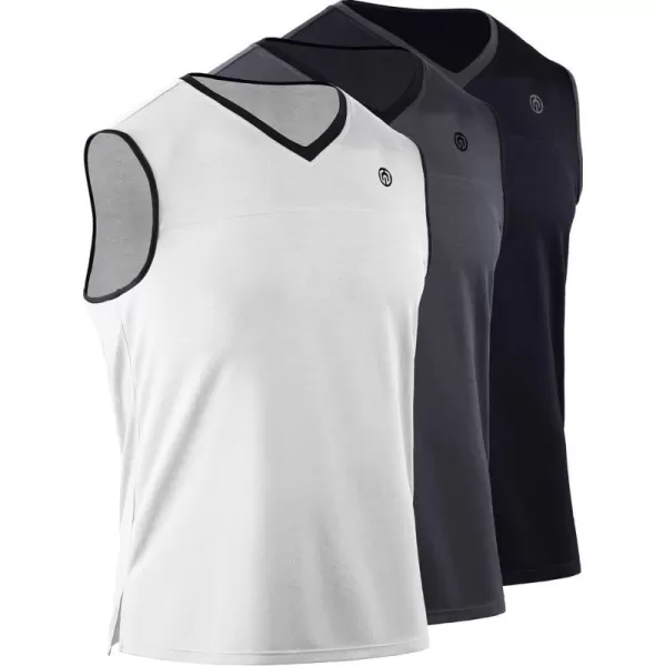 NELEUS Mens Dry Fit Workout Running Muscle Tank TopVneck BlackGreyWhite 3 Pack