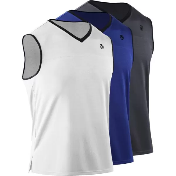 NELEUS Mens Dry Fit Workout Running Muscle Tank TopVneck WhiteBlueGrey 3 Pack