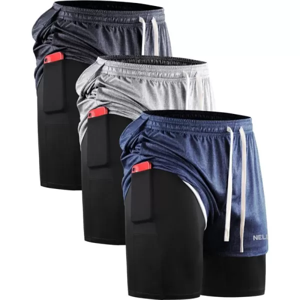 NELEUS Mens Lightweight Workout Athletic Shorts with Pockets6071 Dark Greyblack dark Blue light Grey 3 Pack