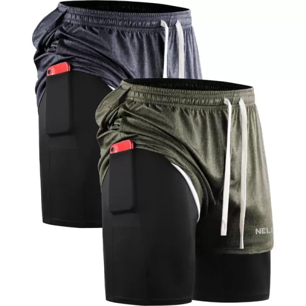 NELEUS Mens Lightweight Workout Athletic Shorts with Pockets6071 Dark Greyblack olive Green 2 Pack