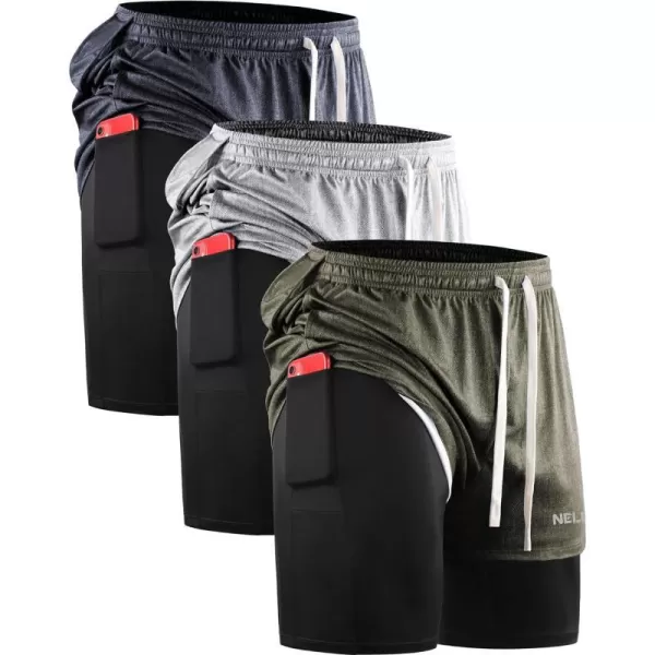 NELEUS Mens Lightweight Workout Athletic Shorts with Pockets6071 Dark Greyblack olive Green light Grey 3 Pack