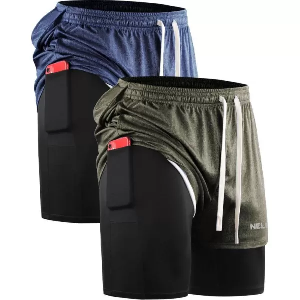 NELEUS Mens Lightweight Workout Athletic Shorts with Pockets6071 Olive Green dark Blue 2 Pack