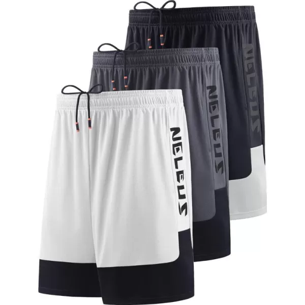 NELEUS Mens Lightweight Workout Athletic Shorts with Pockets6093 BlackGreyWhite 3 Pack