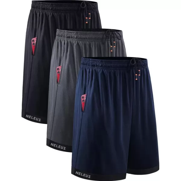 NELEUS Mens Lightweight Workout Athletic Shorts with Pockets6095 BlackGreyNavy Blue 3 Pack